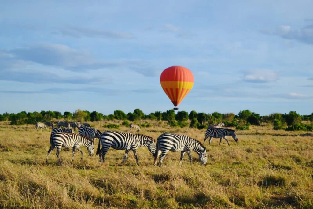 Hot air balloon soaring above the Masai Mara, offering breathtaking views of the wildlife and savannah.